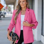 Notched Collar Roll Up Sleeve Blazer Coat