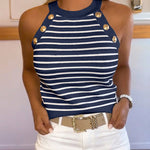Women's Halter Neck Tank Top Striped Sleeveless Gold Button Contrast Binding Knit Top