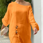 2 Pieces Outfit Button Decor One Shoulder Turn-Up Sleeves Slit Raw Edges Top and Casual Drawstring Elastic Waist Wide Leg Pants Set