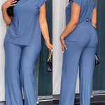 Women's 2 Piece Set Mock Neck Ruched Open Back Button Slit Top and Wide Leg Pants Casual Outfits with Pockets