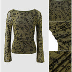 Women's Vintage Flocked Floral Mesh Top Boat Neck Ruched Flare Long Sleeve Tee