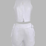 2 Pieces Outfit Button Decor Sleeveless Hollow-out Front Zipper Back Crop Top and Casual Elastic Back Waist Tie Side Shorts Set