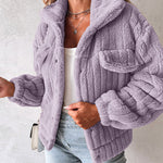 Textured Striped Turn-down Collar Button Front Elastic Cuff and Hem Teddy Fleece Jacket With Decorative Flap Pockets