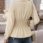 Women's Turn-down Collar Long Sleeve Button Front Blouse Shirred Waist Peplum Top
