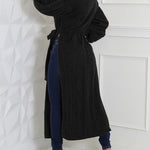 Cable Textured High Neck Lantern Sleeve Bow Tie Waist Sweater Casual High Slit Knit Longline Top