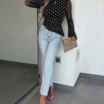 Women's Polka Dot Mesh Top Flare Long Sleeve Boat Neck Lined Asymmetric Frill Hem Blouse Vintage Party Shirt