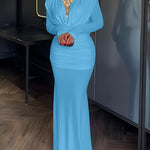 Cowl Neck Ruched Zipper Back Slim Fit Maxi Dress Casual Padded Shoulders Backless Evening Dress