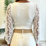 Women's Ribbed Knit Top Square Neck Lace Long Sleeve Shirt Slim Fit Elegant Pullover Top