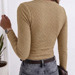 Women's Asymmetrical Neck Gold Buckle Twist Long Sleeve Top Textured Slim Fit Tee