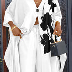 2 Pieces Outfit Floral Placement Print V-Neck Batwing Sleeve High Slit Front Longline Top and Casual Drawstring Elastic Waist Pants Set with Pockets & Lining