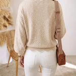 Women's Contrast Scallop Trim Knit Top V Neck Lantern Sleeve Loose Fit Casual Pullover Sweater