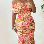 Women's Foldover Off Shoulder Mermaid Dress Ruched Bodycon Leopard Floral Maxi Dress Sexy Tropical Vacation Dress