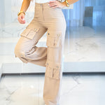 High Waist Zipper Fly Multiple Flap Pockets Design Utility Pants Casual Elastic Back Waist Wide Leg Cargo Pants