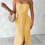Sleeveless Ruched Cinched Waist Draped Bandeau Dress Eyelet Embroidery Slit Asymmetrical Hem Vacation Dress