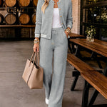 Women's 2 Piece Cable Knit Tracksuit Baseball Collar Crop Coat and High Waist Pants Set