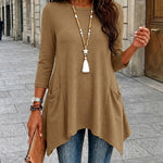 Women's Ribbed Asymmetrical Hem Top Crewneck Three Quarters Sleeve A-Line Casual Top