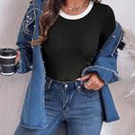 Women's Ribbed Long Sleeve Top Contrast Trim Crew Neck Fitted T Shirt