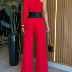 Women's One Shoulder Jumpsuit Mock Neck Asymmetric Long Sleeve Wide Leg Overalls Tie Waist Evening Jumpsuit