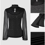 Women's Rhinestone Sheer Mesh Patchwork Cutout Mock Neck Long Sleeve Top