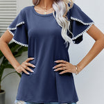 Pom-Pom Trim Flutter Sleeve Round Neck Tee Casual Blouses Tops