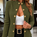 Women's Stand Collar Embossed Textured Jacket Double Breasted Gold Button Decor Coat