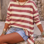 Women's Striped T Shirt Long Sleeve Drop Shoulder Crewneck Tee Side Slit Casual Loose Fit Top