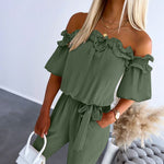Frill Trim Off Shoulder Short Sleeve Tie Waist Overalls Casual Textured Jumpsuit