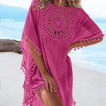 Women's Front & Back Reversible Beach Cover Up Crochet Lace Hollow Out Spliced Tassel Vacation Caftan Dress