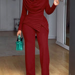 Cowl Neck Asymmetrical Textured Patchwork Cinched Waist Jumpsuit Casual Zipper Back Wide Leg Jumpsuit