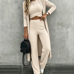Women's 3 Piece Knit Set Long Cardigan Criss Cross Crop Tank Top and Wide Leg Pants Casual Ribbed Brushed Lounge Set
