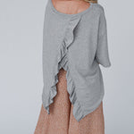 Women's Crewneck Drop Shoulder T-Shirt Back Ruffle Slit Half Sleeve Loose Casual Top