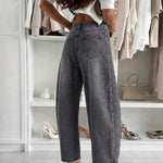 Women's Barrel Jeans High Waisted Side Button Denim Pants Distressed Washed Baggy Trousers Retro Y2K Streetwear