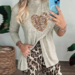 2 Piece Sequin Heart Pattern Mock Neck Long Sleeve Slit Top Leopard Print High Waist Cuffed Pants Lounge Sets