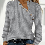 Button Decor Asymmetrical V-Neck Long Sleeve Ribbed Tee Casual Knit Brushed Top