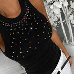 Women's Ribbed Racerback Tank Top Colorful Rhinestone Embellished Crewneck Slim Fit Rib Knit Camisole