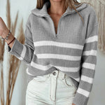 Women's Half Zip Striped Sweater Colorblock Turn-down Collar Knit Pullover Drop Shoulder Loose Fit Top