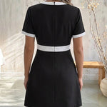 Women's Contrast Binding Notch Neck Pearl Detail Short Sleeve A-Line Mini Dress