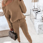 2 Pieces Outfit Long Sleeve Skew Neck Pullover Top and Drawstring Elastic Waist Slim Fit Pants Set