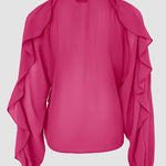 V Neck Shoulder Ruffles Design Blouse Casual Button Front Long Sleeve Top