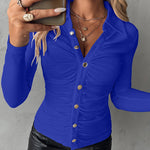 Long Sleeve Button Down Shirt Collar Neck Ruched Fitted Top