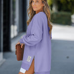 Letter Patch Detail Long Sleeve Drop Shoulder Pullover Sweatshirt Casual Zipper Side Slit Top