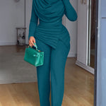 Cowl Neck Asymmetrical Textured Patchwork Cinched Waist Jumpsuit Casual Zipper Back Wide Leg Jumpsuit