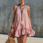 Casual Retro Ruffled Red And White Striped Cotton Linen Sleeveless Mini Dress
