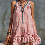 Casual Retro Ruffled Red And White Striped Cotton Linen Sleeveless Mini Dress