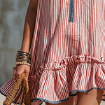 Casual Retro Ruffled Red And White Striped Cotton Linen Sleeveless Mini Dress