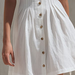 Casual Retro White Sleeveless Collared Button-down Pleated Cotton Linen Mini Dress