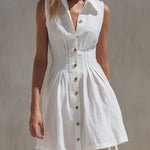 Casual Retro White Sleeveless Collared Button-down Pleated Cotton Linen Mini Dress