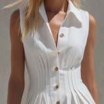 Casual Retro White Sleeveless Collared Button-down Pleated Cotton Linen Mini Dress