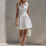 Casual Retro White Sleeveless Collared Button-down Pleated Cotton Linen Mini Dress