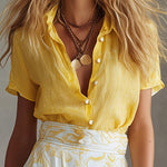 Elegant Summer Yellow Cotton-Linen Short-Sleeve Vacation Shirt